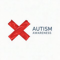 Autism awareness typography with red tape forming a large cross mark on clean white paper background