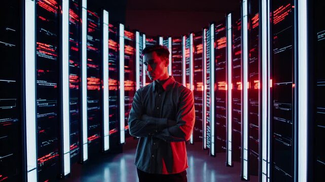 The programmer stands in a computer server room. Code and data flash on every screen. Cyber developer checks cyber systems. Security is key. The computer runs on code, code, and more code.