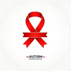Red awareness ribbon with horizontal banner and autism awareness text on minimalist white background