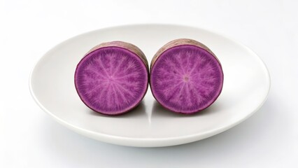Sliced Purple Yam Revealing Deep Violet Flesh on Plate