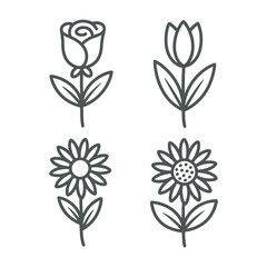 Fototapeta premium Floral Collection Line Art - Rose, Tulip, Sunflower and Daisy Icons