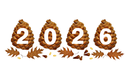 2026 visualization, seasonal backgrounds. Abstract and modern banner. Theme elements, autumn goodies fragments, pine, cedar cones, nuts, seeds, autumn leaves, centered numbers, earthy colors. PNG