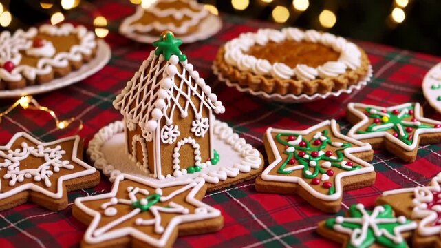 Festive gingerbread house and cookies with twinkling lights on holiday table