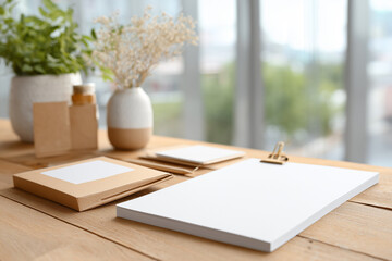 A white sheet of paper sits on a wooden table next to a vase of flowers