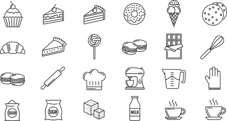 Naklejka premium A set of line art icons representing baking ingredients, tools, and various sweet desserts.