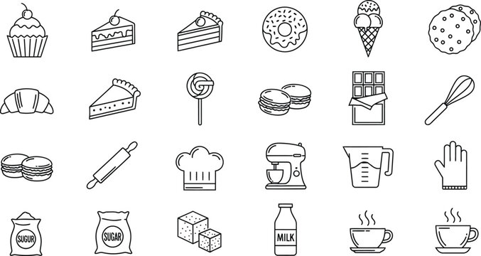 A set of line art icons representing baking ingredients, tools, and various sweet desserts.