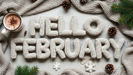 Hello February knitted letters with cozy textures hot drink mug  and pinecone decor evoke warm winter vibes. Seasonal greeting card concept.