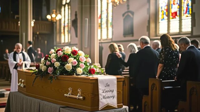 A funeral service scene for the concept of sorrow and mourning.