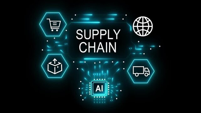 Warehouse with AI and supply chain icons and a forklift in the background artificial intelligence logistics 4k video...