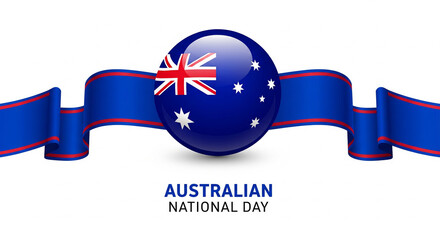 Illustrative graphic design celebrating australia day featuring a glossy sphere adorned with the national flag draped across a flowing blue ribbon banner against a clean white background.
