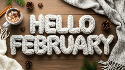 Hello February knitted letters with cozy textures hot drink mug  and pinecone decor evoke warm winter vibes. Seasonal greeting card concept.