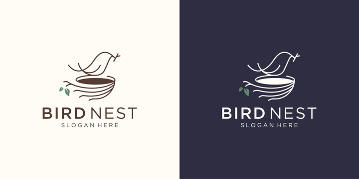 Amazing bird and nest logo design line art concept.