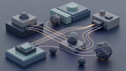 Abstract geometric network of interconnected digital blocks and polyhedra with glowing data streams connection