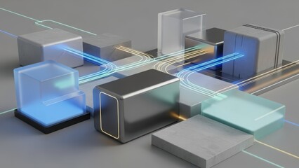 Network of interconnected translucent and solid geometric blocks with glowing blue and orange data lines