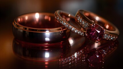 Rose gold wedding rings with red gemstone and diamonds on reflective surface, perfect for romantic product showcases, jewelry advertising