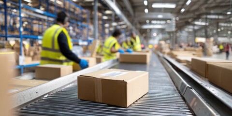The Package on a Conveyor Belt in a Busy Warehouse Sorting Facility