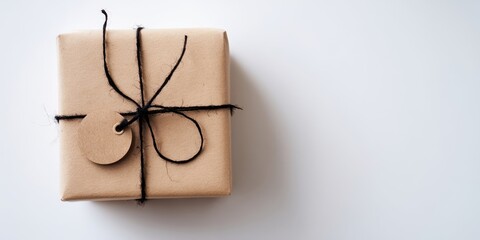 The Gift Box Wrapped in Brown Paper with Black Twine on White Background
