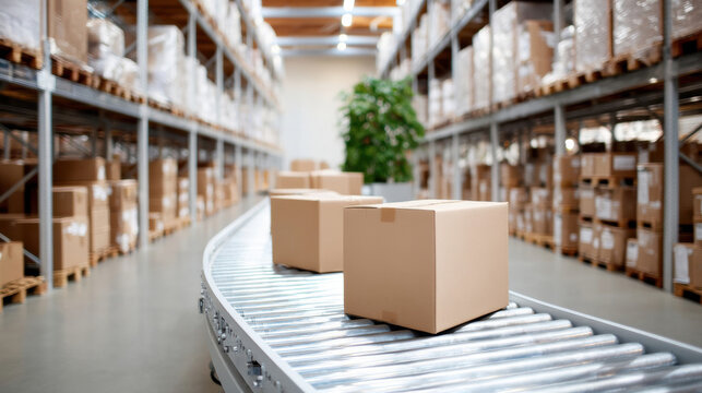 Conveyor systems cardboard box packaging logistics aisle warehouse storage