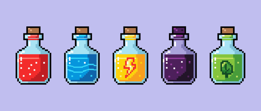 Pixel art magic potions set in glass bottles with different colorful liquids and symbols like lightning and leaf for fantasy rpg game assets