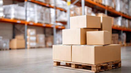 Stacked cardboard boxes wooden pallet warehouse with conveyor systems creating efficient