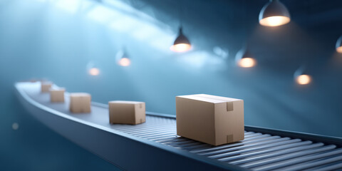 Conveyor systems cardboard box on roller conveyor in warehouse with soft light and motion