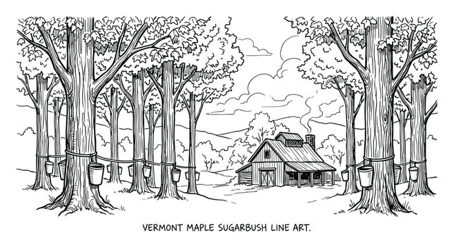 Black and white line art of a Vermont maple sugarbush with trees and a sugar shack building.