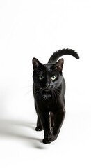 Elegant Black Cat with Piercing Blue Eyes Strides Confidently on a Clean White Studio Background.