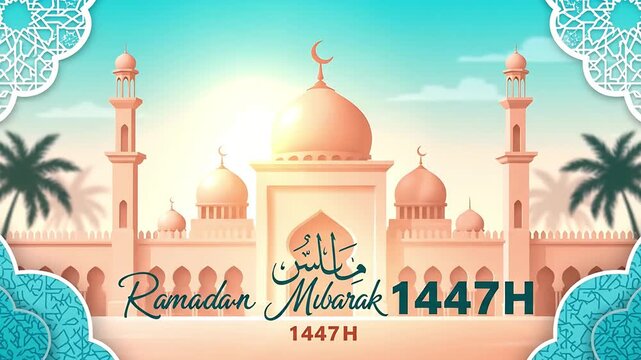 Ramadan Mubarak 1447H greeting card illustration featuring an ornate mosque under a sunny sky with palm trees and elegant arabesque frame borders