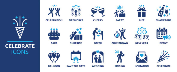 Obraz premium Celebration Icons Set Blue Color Featuring Celebration Fireworks Cheers Party Gift Champagne Cake Surprise Offer Countdown New Year Event Balloon Save Date Wedding Singing Invitation Celebrate