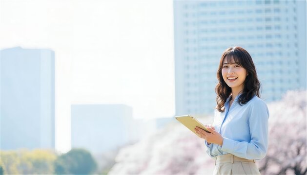 桜咲く都市公園でタブレットを手に微笑む女性