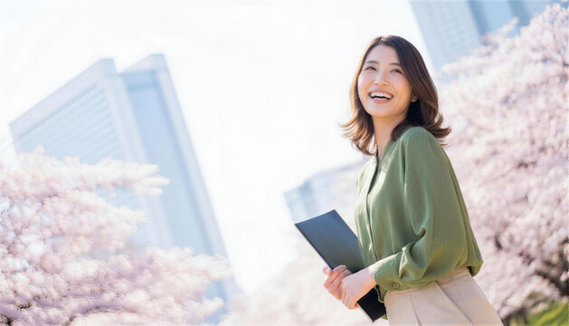 ビルと桜を背景にファイルを抱え微笑む女性