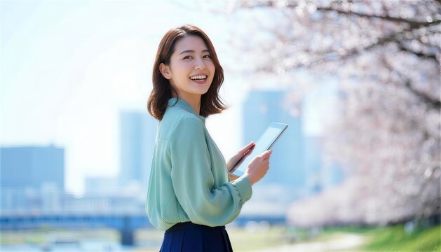 川沿いの桜並木でタブレットを持ち振り返る女性