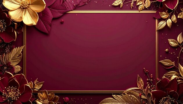 golden frame with red bow, blank template with maroon background and gold colored elements