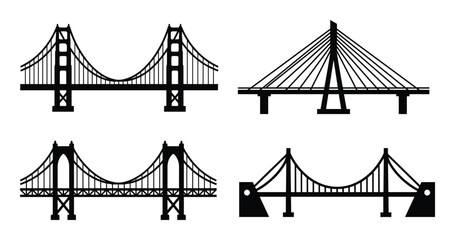 Fototapeta premium Bridge vector set. Includes suspension, cable-stayed designs in silhouette art style. Transportation theme.