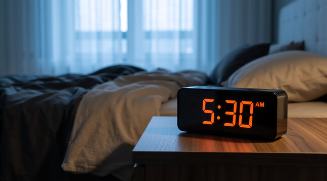 Digital alarm clock with an orange display showing 5:30 AM on a nightstand. Early morning wake up time in a dark bedroom with blue light from a window