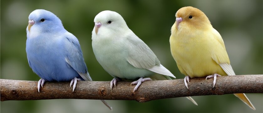 Three parakeets perched on a branch with a green background and a parrotlet with light-blue feathers in focus