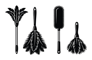 Cleaning dusters vector set: feather duster and microfiber duster icons in black silhouette for housekeeping.