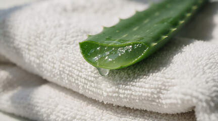 Fresh aloe vera leaf with dripping gel on a white terry cloth towel. Natural skincare, health, and wellness concept