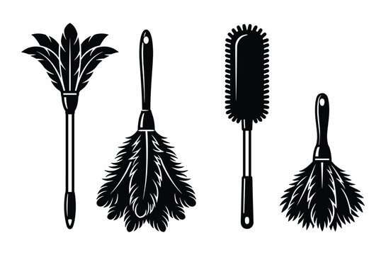 Cleaning dusters vector set: feather duster and microfiber duster icons in black silhouette for housekeeping.