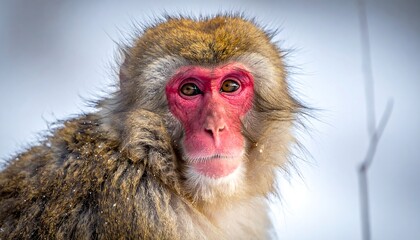 Obraz premium Close-up of a Japanese macaque monkey, known for winter habitat, staring directly at the viewer, showing facial details