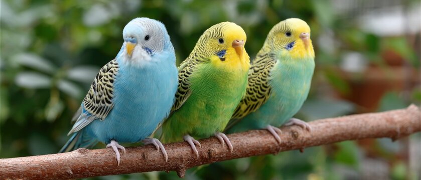 Three budgie parakeets sit together on a branch in a green setting showcasing their bright feathers and playful nature
