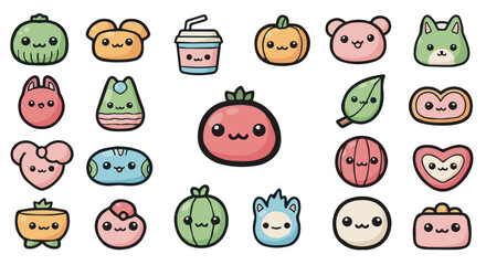 Collection of Twenty Adorable Cartoon Kawaii Characters and Objects with Cheerful Faces in a Vibrant, Playful Illustration Style