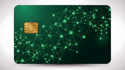Green abstract network grid pattern on banking card design with gold chip