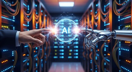 Human and Robot Hand Touching with AI Icon in Data Center.