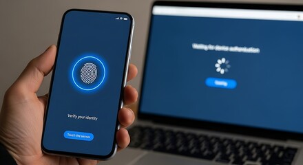 Person holding smartphone with fingerprint scan for secure authentication on laptop.