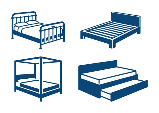 Collection of four different bed icons, a classic bed, platform, canopy bed and trundle bed vector.