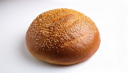 a round golden brown loaf of bread with sesame seeds on a white background