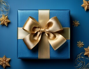 a blue and gold gift wrap with a decorative bow on a blue gift box