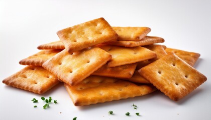 a pile of square baked salted crackers on a white background
