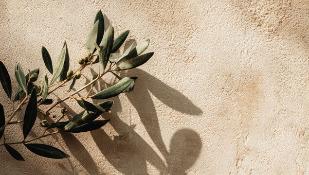 Olive branch casting a shadow on a textured beige wall.